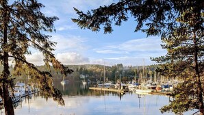 A marina with boats docked, surrounded by trees and a clear sky.
