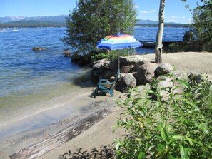 On the beach, sun-loungers, beach towels