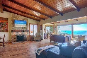 Smart TV, fireplace, books