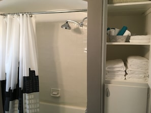 Combined shower/tub, hair dryer, towels, soap