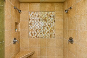 Shower, eco-friendly toiletries, hair dryer, towels