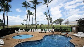 A swimming pool with multiple lanes, surrounded by palm trees and lounge chairs. -  Hidden Gem!  Exceptional 1 bed/1bath ocean & beachfront Kihei condo (Kihei)