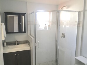 A modern bathroom with a glass-enclosed shower, a dark-toned vanity, and a white sink.