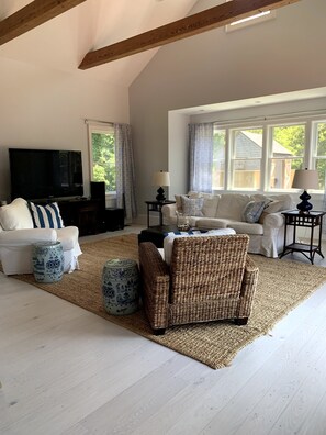 Smart TV, fireplace, books