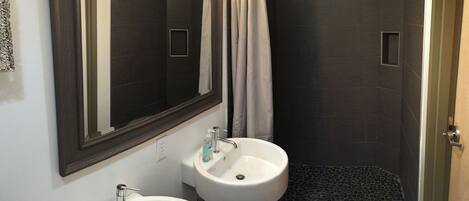 A bathroom with a shower, two sinks, and a large mirror.