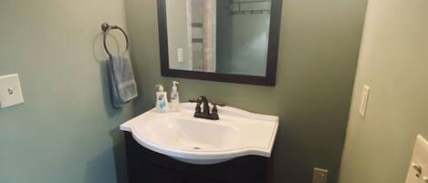 Un bagno con un lavandino bianco, un mobile contenitore scuro e uno specchio grande.