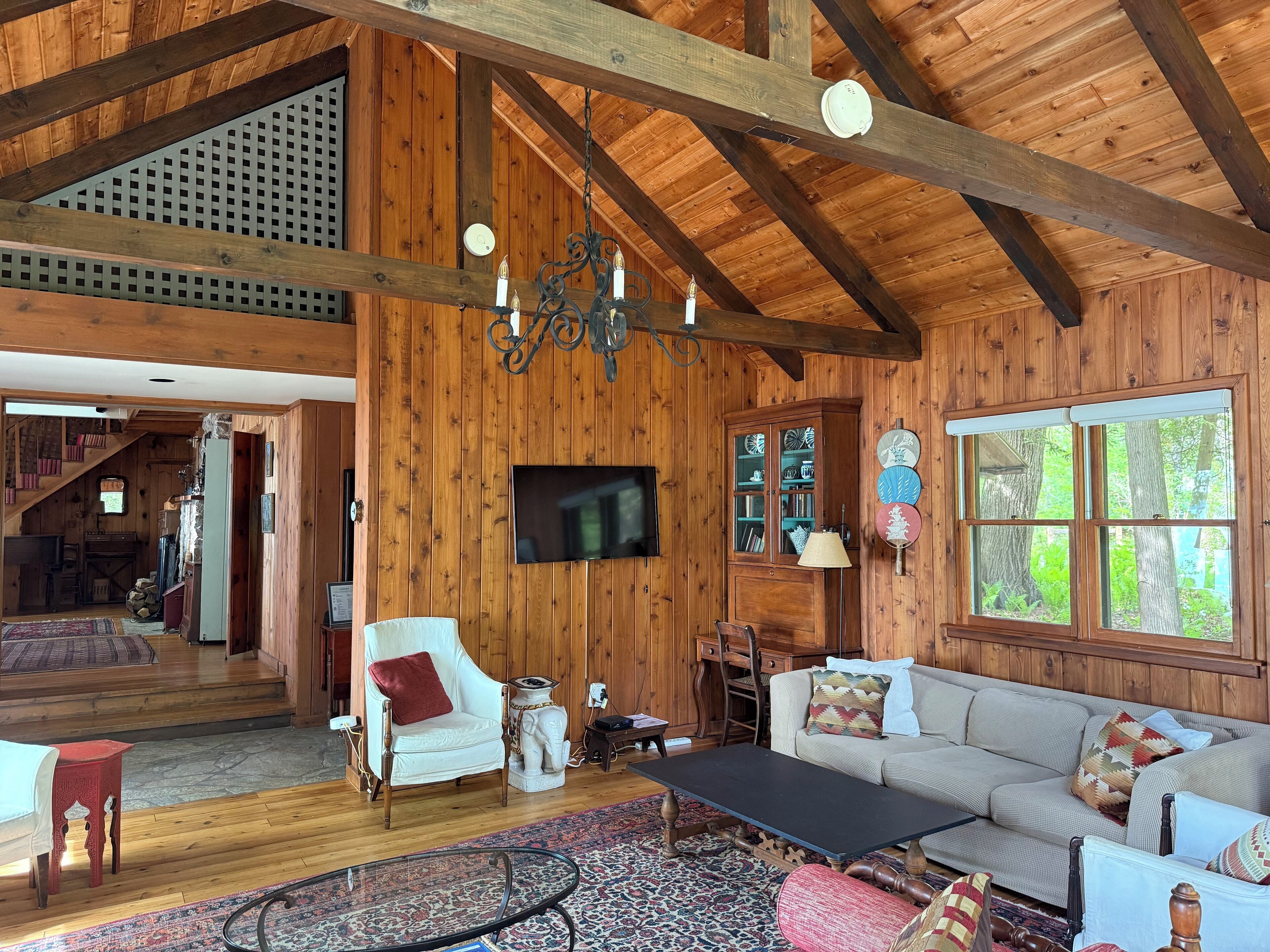 TV connectée, cheminée, livres