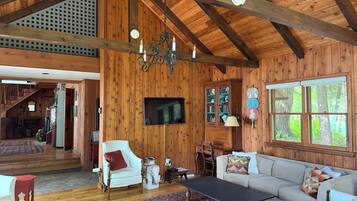 TV connectée, cheminée, livres