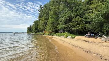 On the beach, sun loungers, beach towels