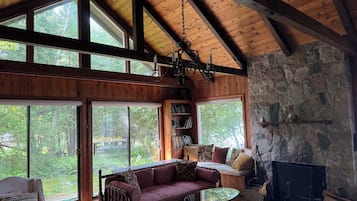 TV connectée, cheminée, livres