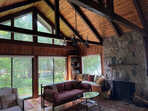 Smart TV, fireplace, books