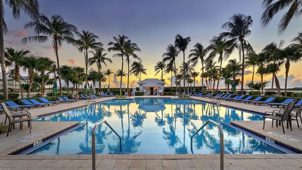 A rectangular swimming pool with a clear blue water surface, surrounded by lounge chairs and palm trees. - Waterfront luxury Villa (29) with sunset views and boat slip (Marathon)