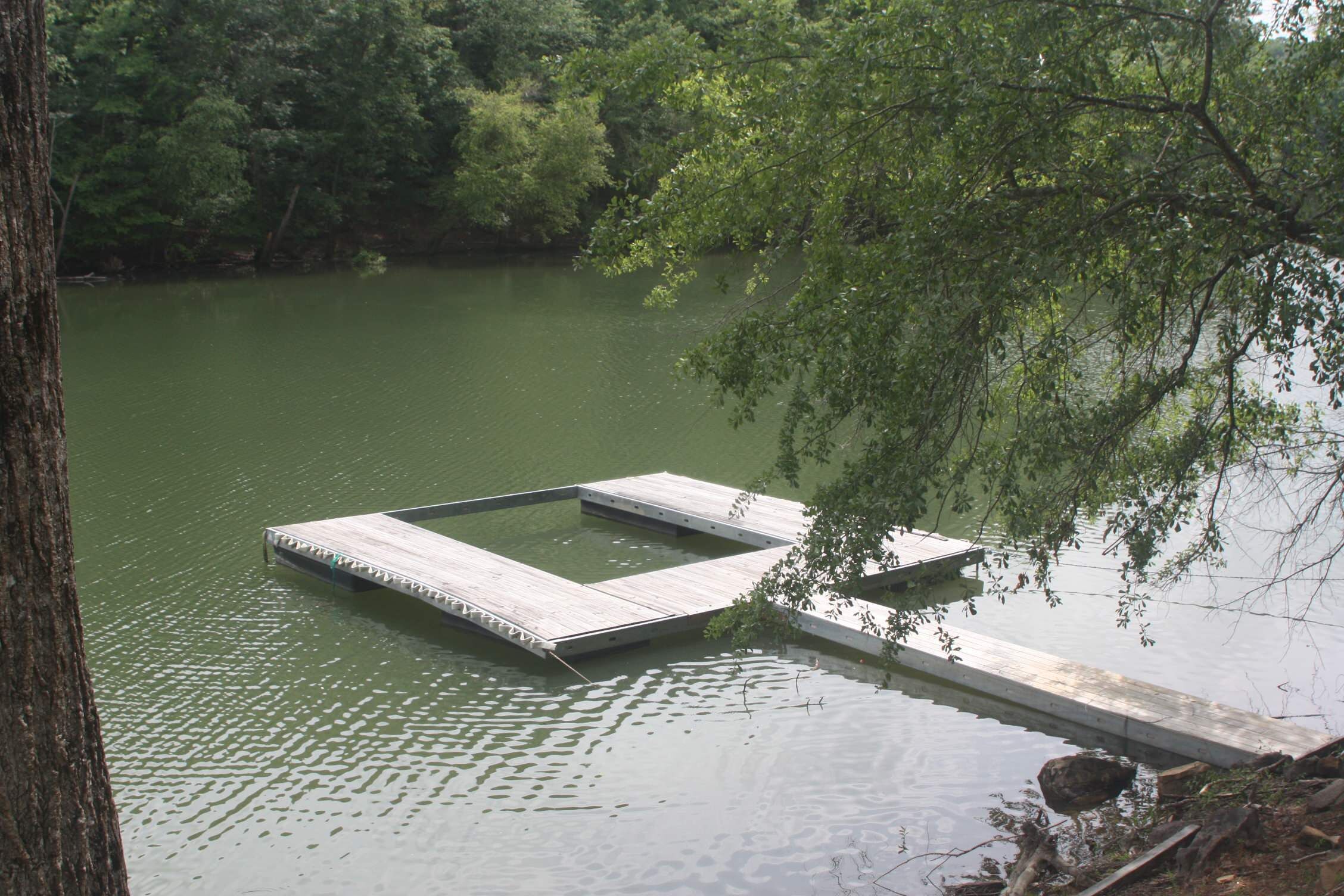 A wooden dock extending into a calm body of water, surrounded by dense greenery.