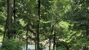A rustic outdoor setting with a metal fire pit, a wooden stump, and a pond surrounded by lush greenery.