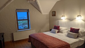 Ein Schlafzimmer mit einem großen Bett, einem Fenster mit Blick, einem Heizkörper und einer Deckenleuchte.