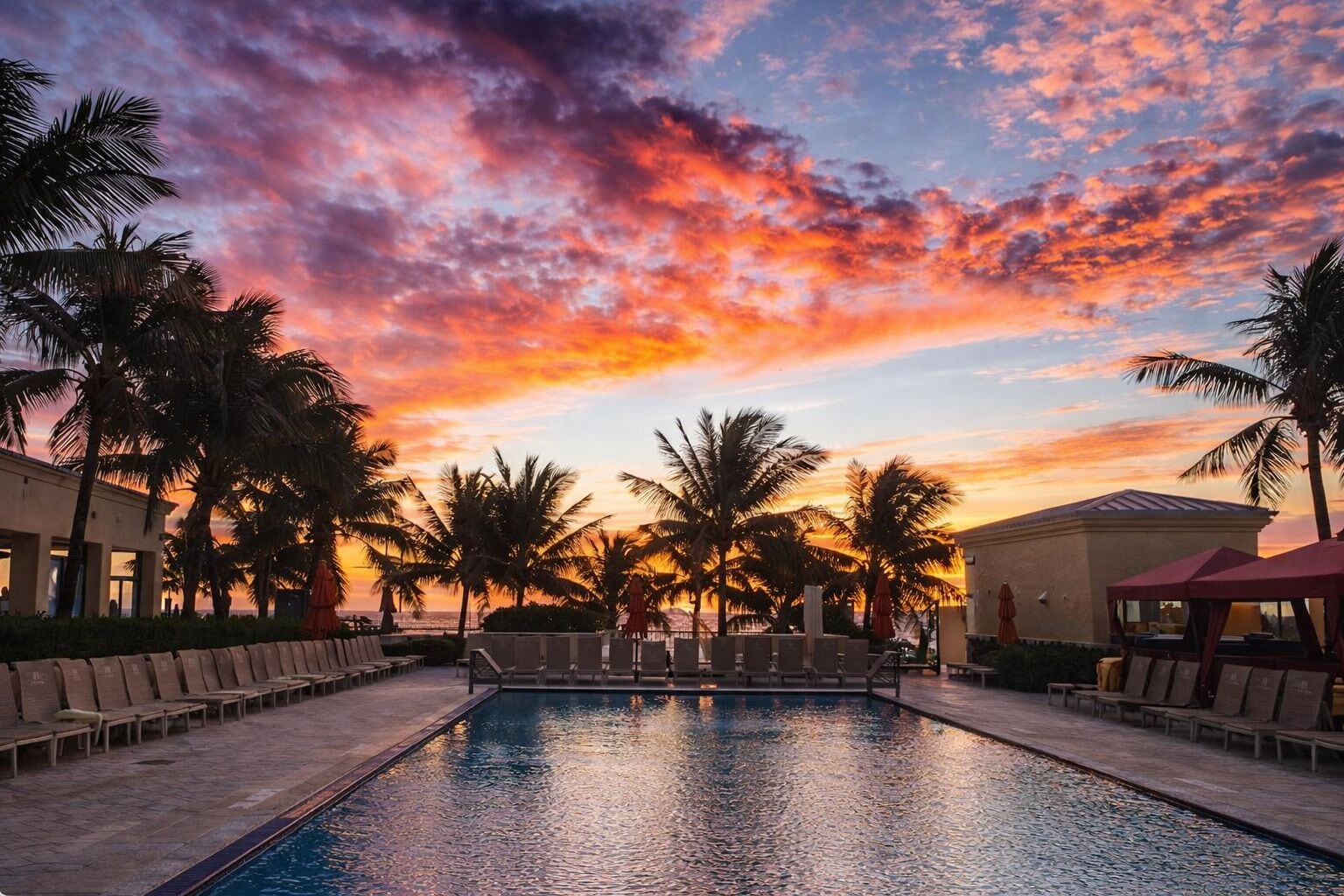 Una piscina con lettini, palme e un cielo al tramonto.
