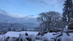Eine verschneite Landschaft mit einem Haus und schneebedeckten Bäumen.