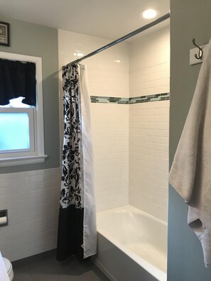 Combined shower/bathtub, eco-friendly toiletries, hair dryer, towels