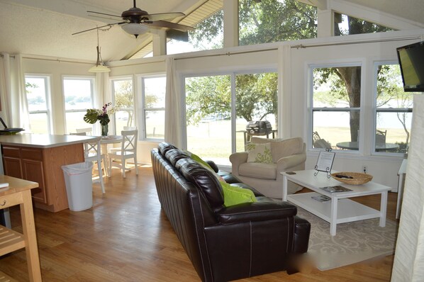 Smart TV, fireplace, DVD player, books