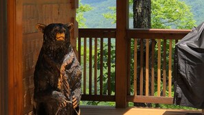 Eine Holzskulptur eines Bären sitzt auf einer Bank vor einem Schild mit der Aufschrift "WELCOME", mit Blick auf eine Holzterrasse und eine Berglandschaft.