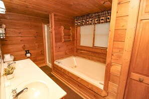 Combined shower/tub, jetted tub, hair dryer, towels