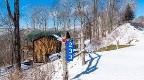Situated in a serene winter landscape, this cozy cabin offers a peaceful retreat.