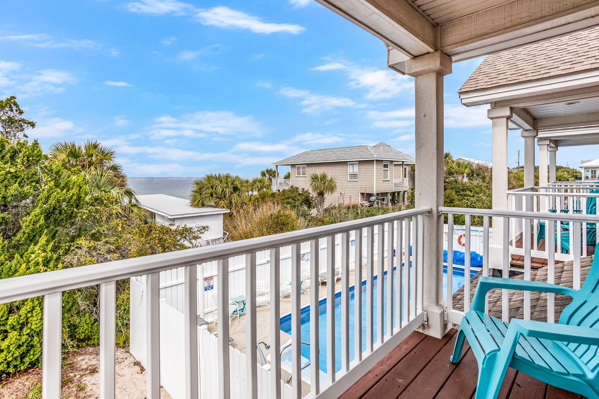 View of 3 balconies overlooking pool and Sound.