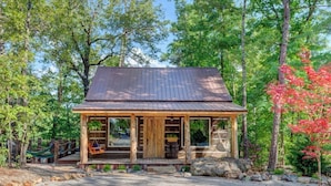 A rustic cabin with a metal roof, surrounded by trees and a gravel driveway.