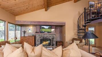 TV connectée, cheminée, livres, chaßne hi-fi