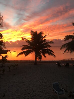 On the beach, sun loungers, beach towels