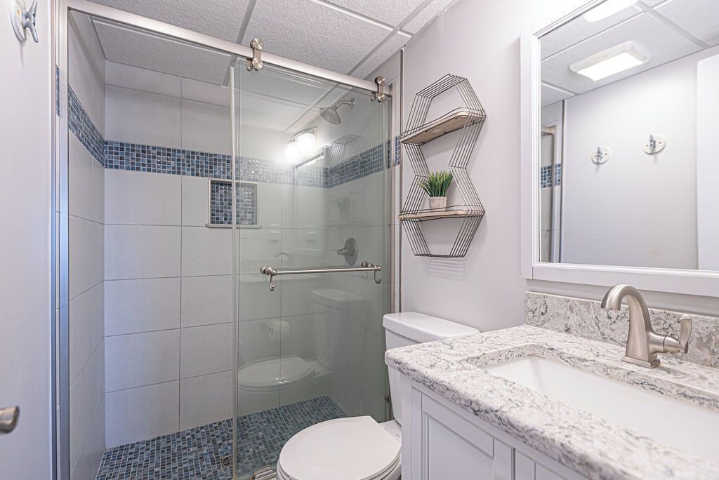 A bathroom with a glass-enclosed shower, a white toilet, a marble sink, and a wall-mounted shelf with a plant.