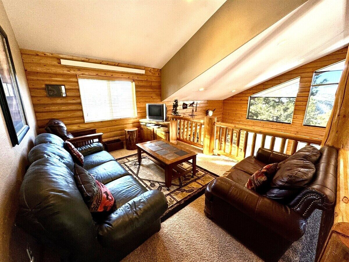 L’intérieur d’une cabane en rondins, avec un canapé en cuir, une table basse et un téléviseur.