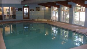 En indendørs swimmingpool med krystalklart vand, træbjælker i loftet og udsigt til træer.