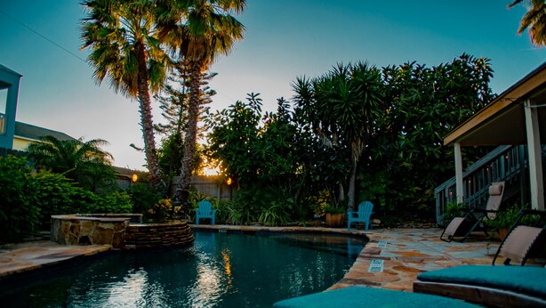 Una piscina con baldosas de piedra, rodeada de abundante vegetación y palmeras.