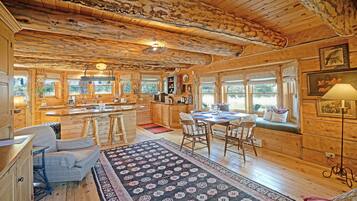 Smart TV, fireplace, books, offices