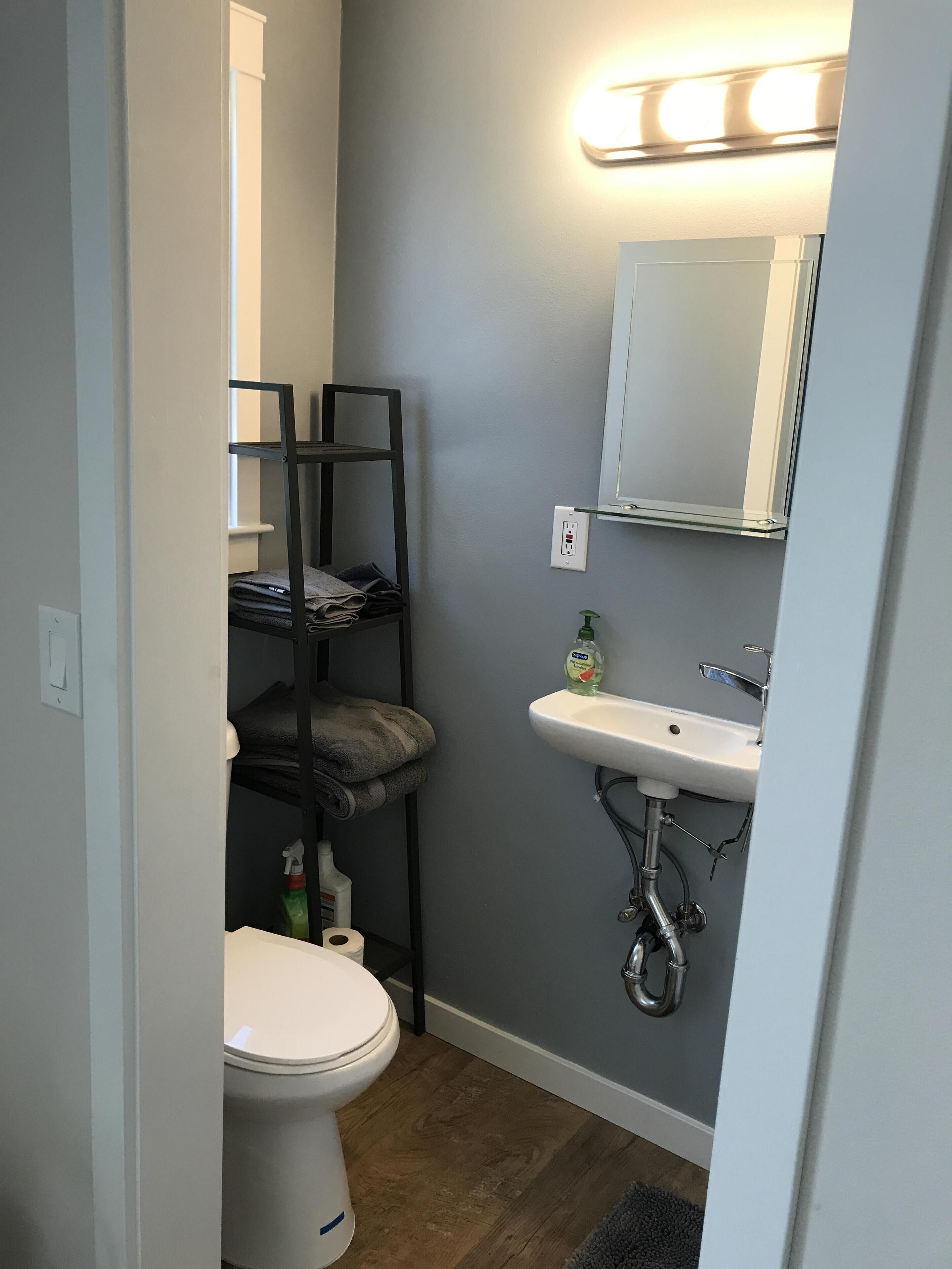 Hair dryer, towels, soap, shampoo