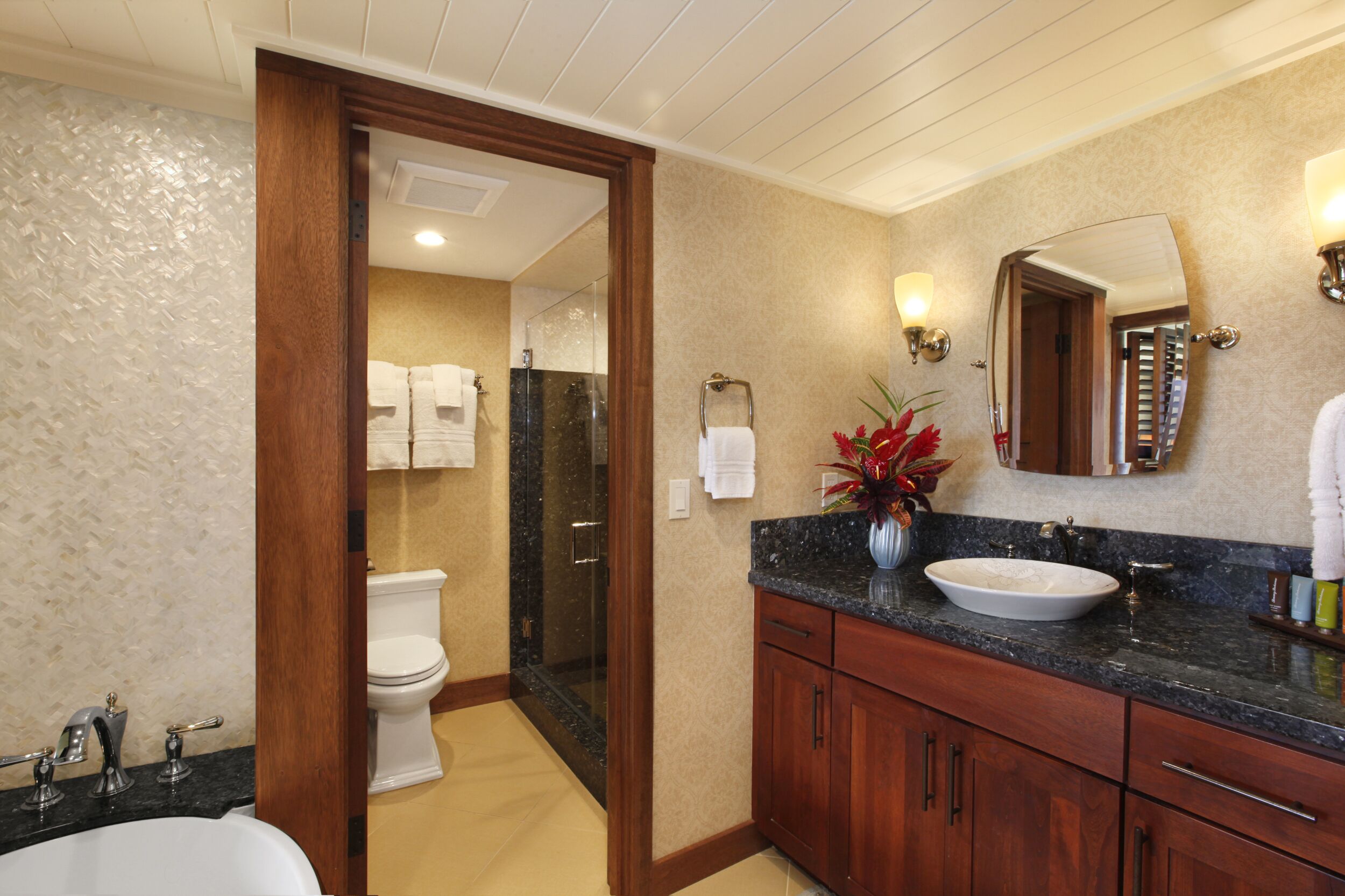 bathtub, hair dryer, towels, shampoo