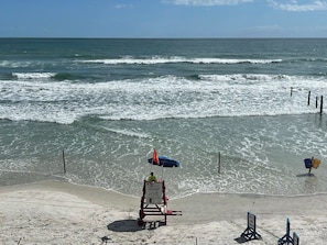 On the beach, sun-loungers, beach towels