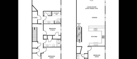 En planritning över 901-B Ocean Blvd, som visar både övervåningen och första våningen, med tydligt markerade rum och faciliteter.