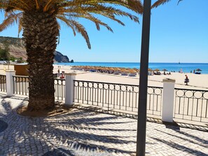 A beach with umbrellas and lounge chairs, a palm tree, and a clear blue sky.