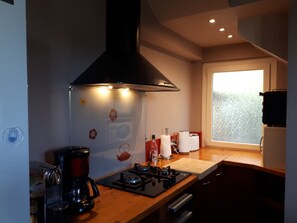 Frigorífico, microondas, horno y placa de cocina
