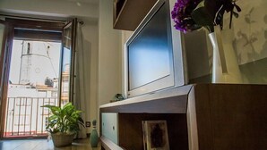 A living room with a television, a bookshelf, and a potted plant. - Rural Apartment El Rellotge for 6 people (Sant Mateu)