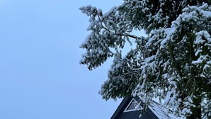 A house with a dark roof, a large glass window, and a snow-covered yard. - Quiet, cozy vacation home with fireplace, barbecue area and fantastic views (Hatzfeld (Eder))