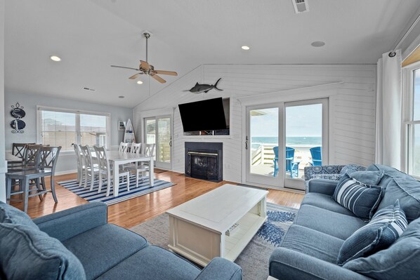 TV, DVD player, foosball, video library