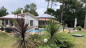 Una casa con piscina, rodeada de plantas y mobiliario de exterior.