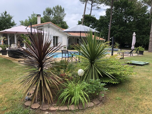 Een huis met een zwembad, omringd door verschillende planten en tuinmeubels.