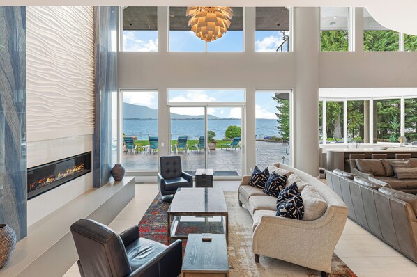 Smart TV, chimenea, reproductor de DVD y libros 