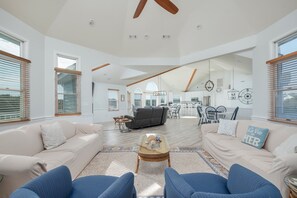 Flat-screen TV, DVD player, books, video library