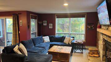 Télévision, cheminée, lecteur de DVD, baby-foot