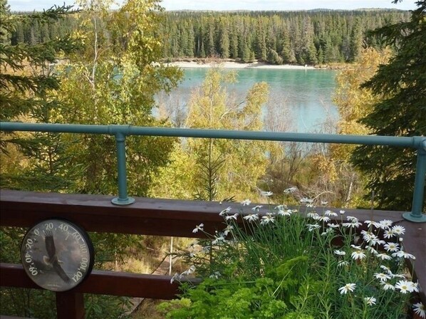 A view from a balcony with a clock, overlooking a lake surrounded by trees.